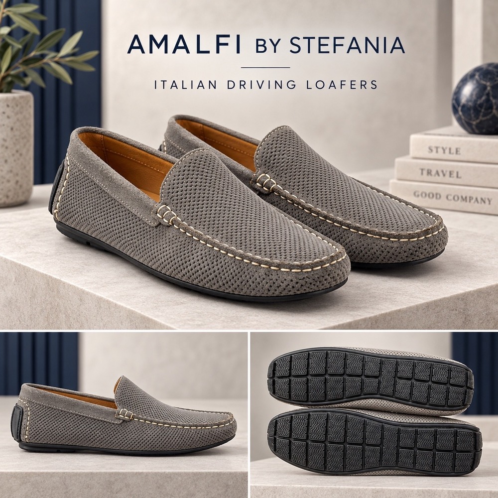 Interland Mens Grey Perforated Suede Driving Loafers Slip On Moc Toe Shoes